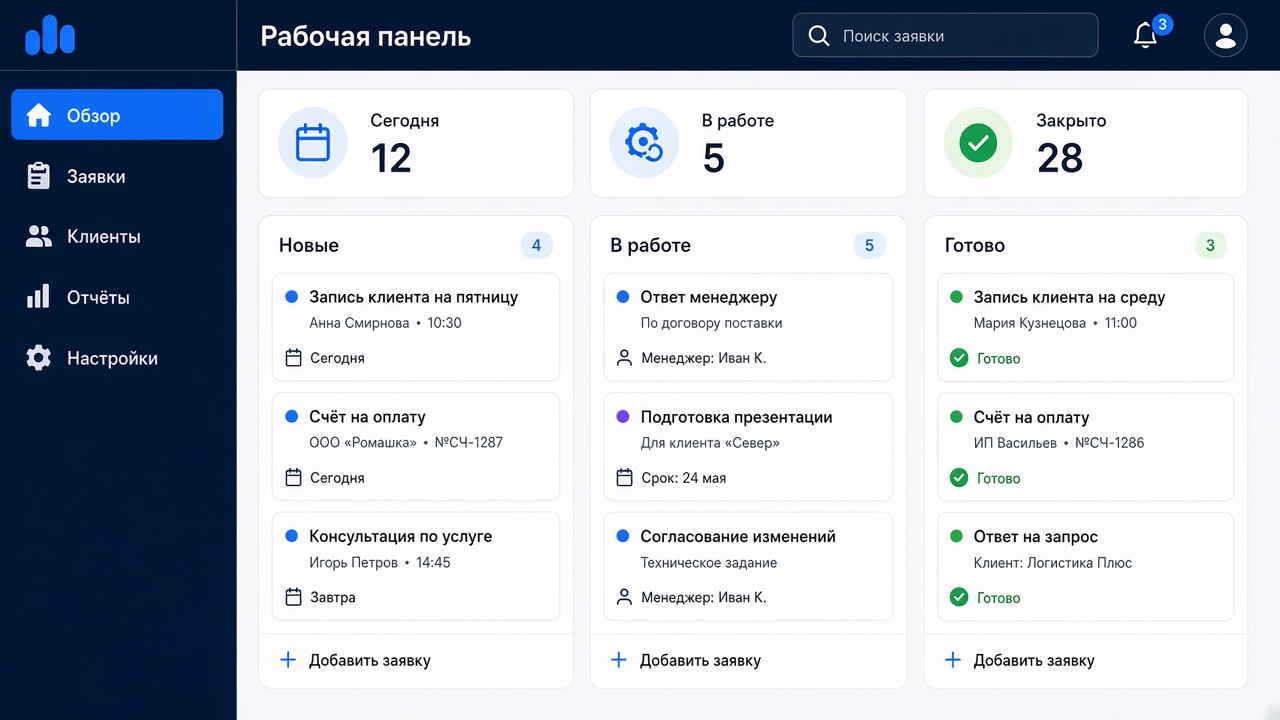 Рабочая панель с заявками на русском
